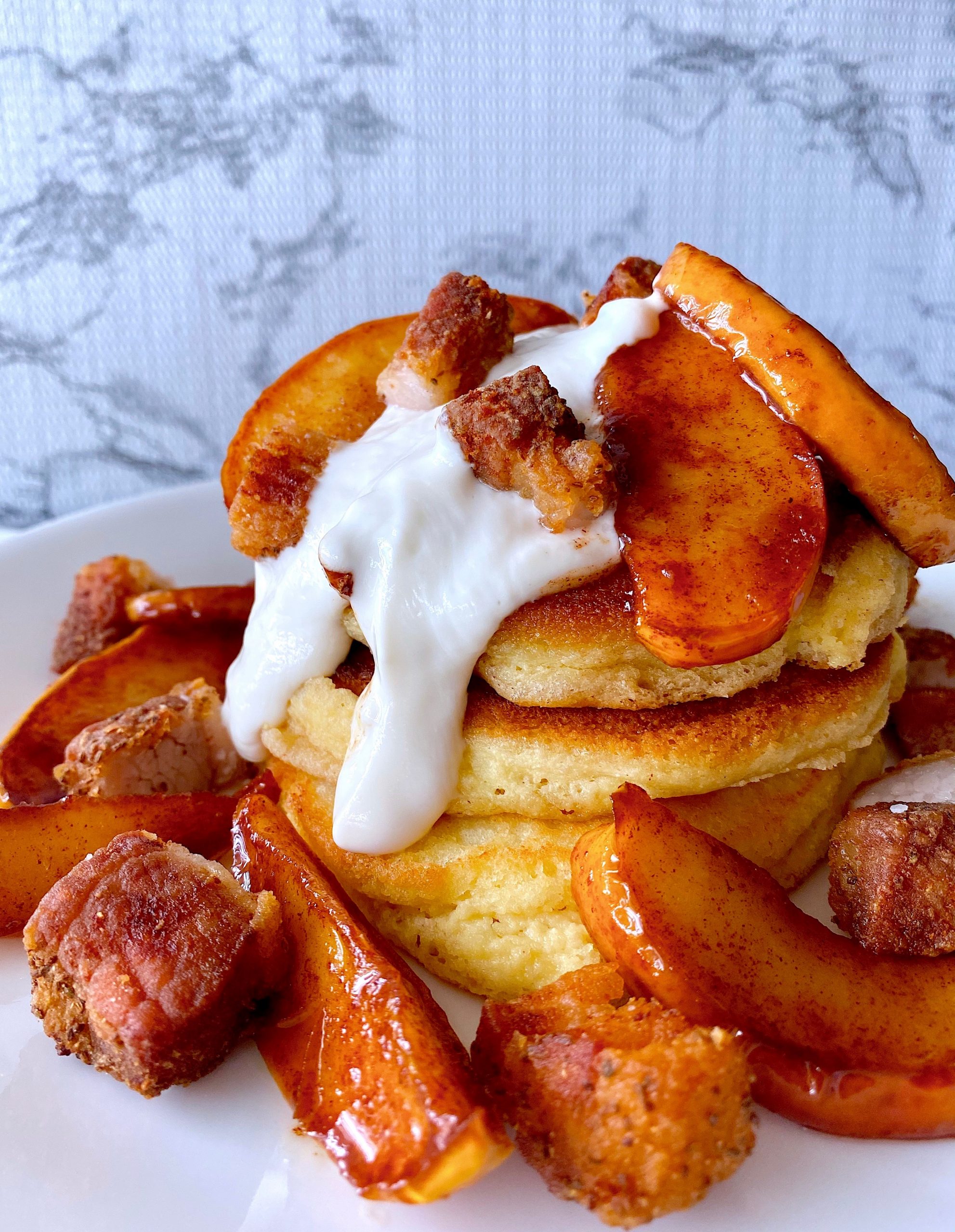 pancakes, caramelized apples, chicharron, maple Greek Yogurt