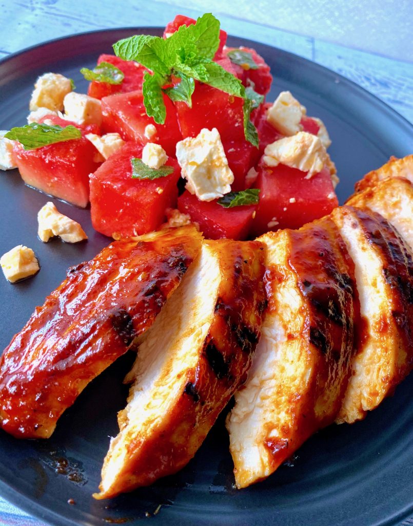 bbq chicken with watermelon salad